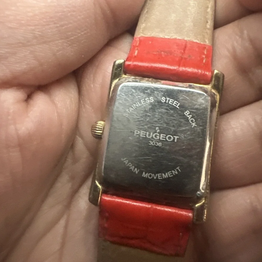 Works Peugeot 3036 Women's Tank Watch Red Croc‎ Leather Strap Roman Quartz 27mm